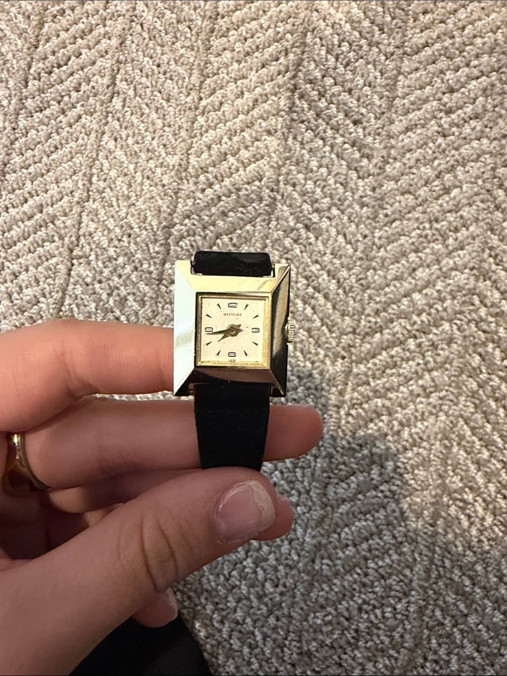 Vintage Rectangular Gold-Tone Watch with Black Strap